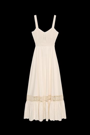 KLEID AUS STRICK MIT MATERIALKOMBINATION - Cremefarben von Zara