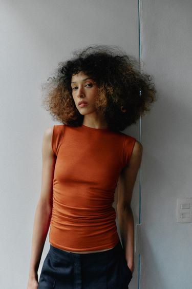 Zara SIDE RUCHED TOP - Burnt orange
