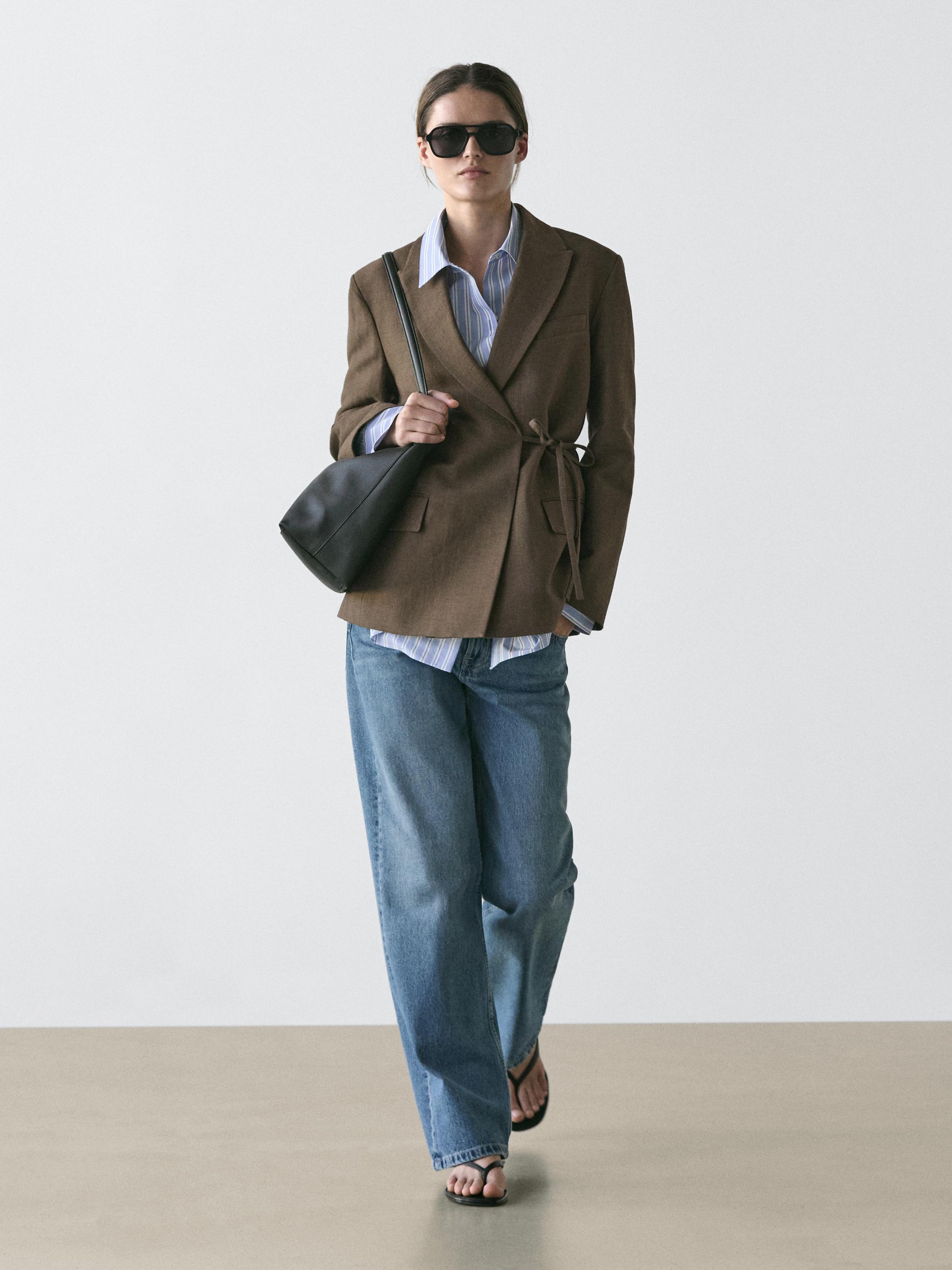 Double-breasted cotton blend blazer with tie detail