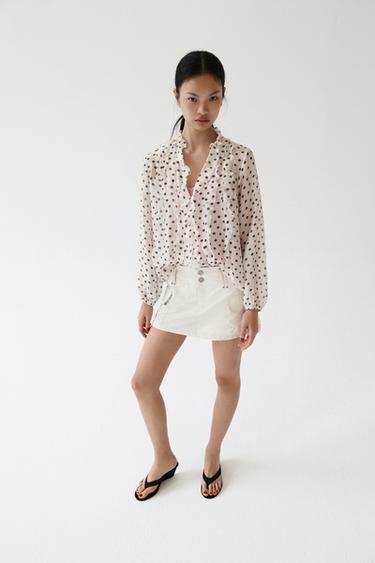 Zara 荷葉邊波點罩衫 - 裸色 / 棕色