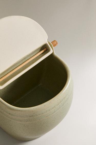 STONEWARE SALT CELLAR WITH LID - GREENISH by Zara - Image 1