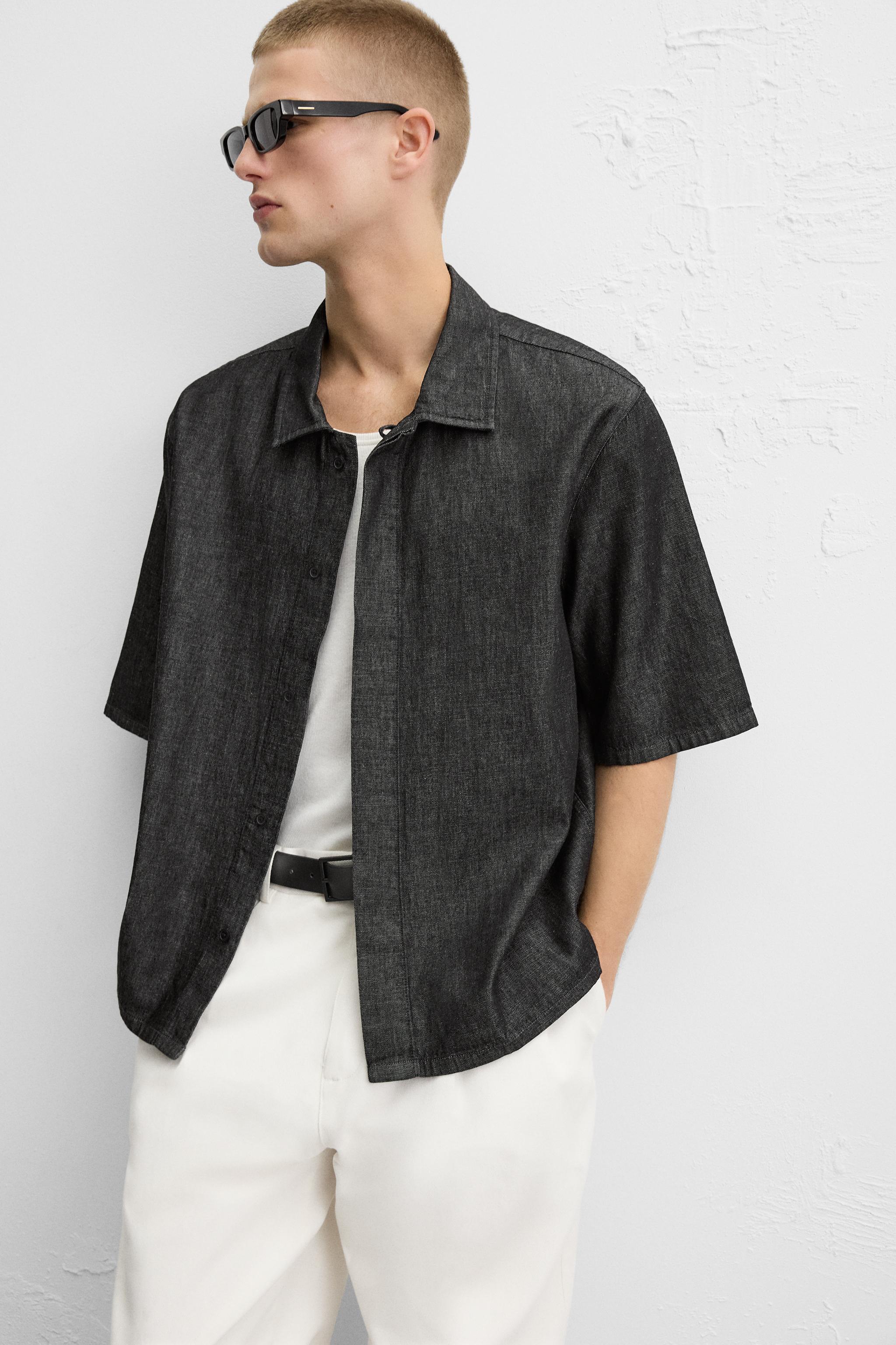 【ZARA】RELAXED FIT デニムシャツ ブラック | 7545/480/800 RELAXED FIT FLOWY SHIRT - Dark navy | ZARA United States