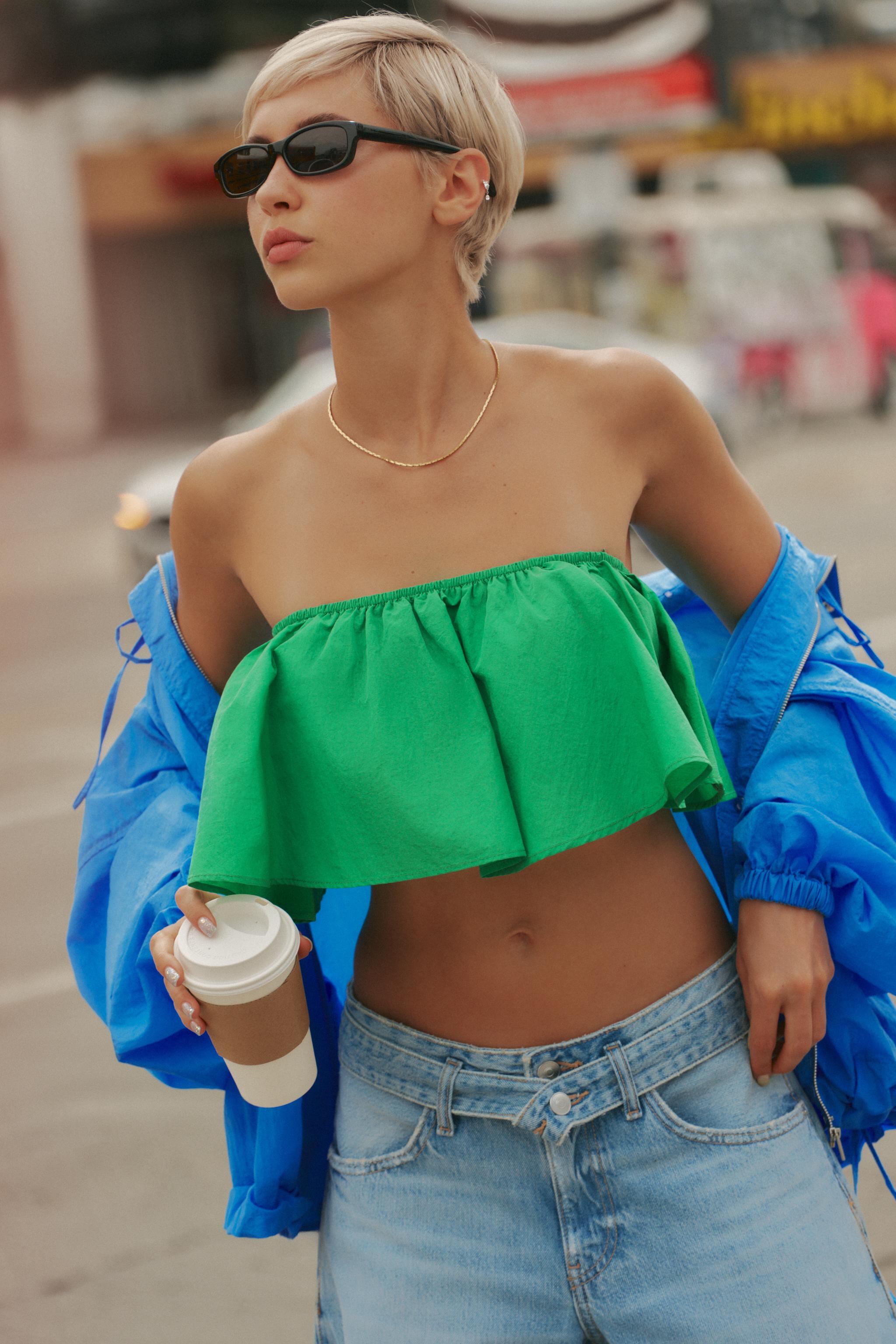 RUFFLED TAFFETA BANDEAU TOP - Green | ZARA United States