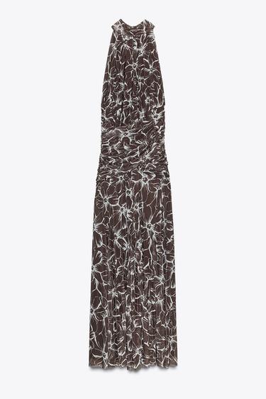 Zara HALTER PRINTED TULLE LONG DRESS - Brown