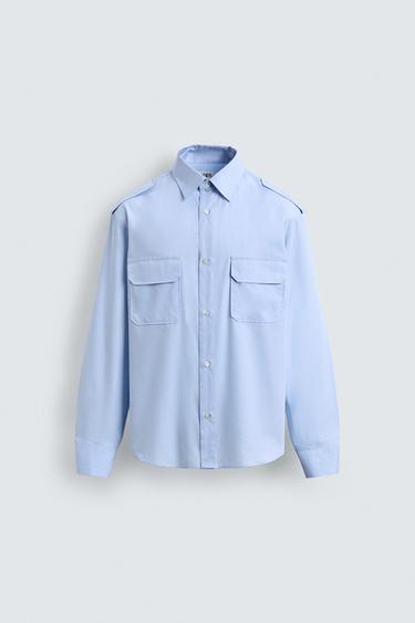РУБАШКА С КАРМАНАМИ И ПОГОНАМИ — ЛИНЯЛЫЙ ГОЛУБОЙ от Zara
