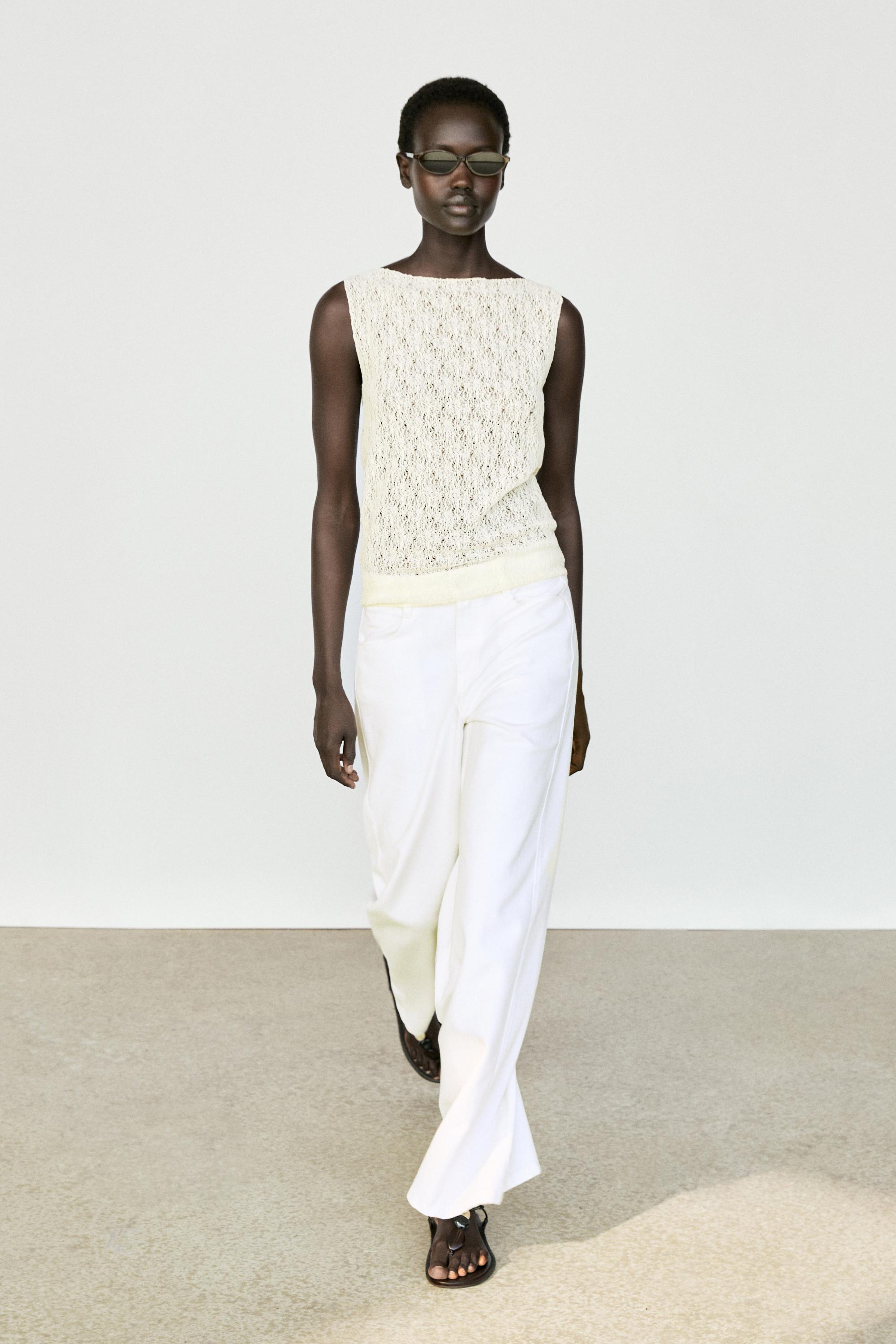 Sleeveless open-knit top — Ecru