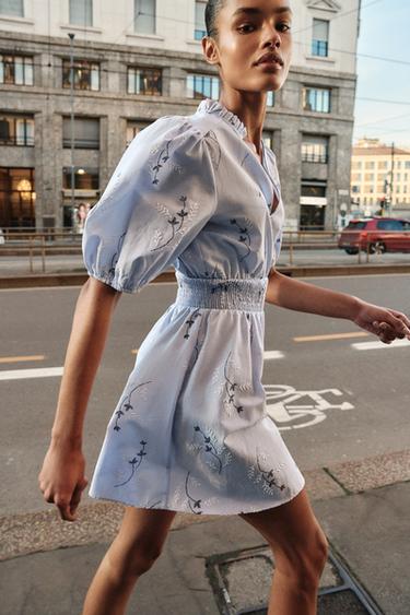 EMBROIDERED RUBBERISED PRINTED DRESS - Blue/White by Zara