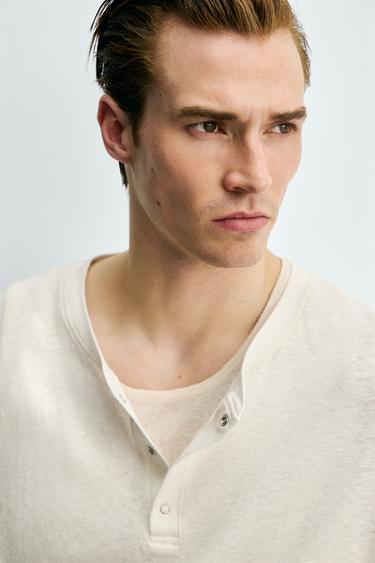 T-SHIRT COL TUNISIEN COTON - LIN - Blanc cassé de Zara - Image 5