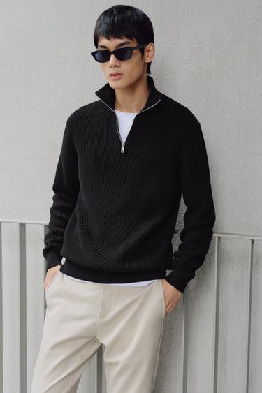 Zara 珍珠紋拉鍊領針織衫 - 黑色