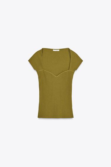 Zaras RIBBSTICKAD TOPP MED HJÄRTFORMAD RINGNING - Khaki