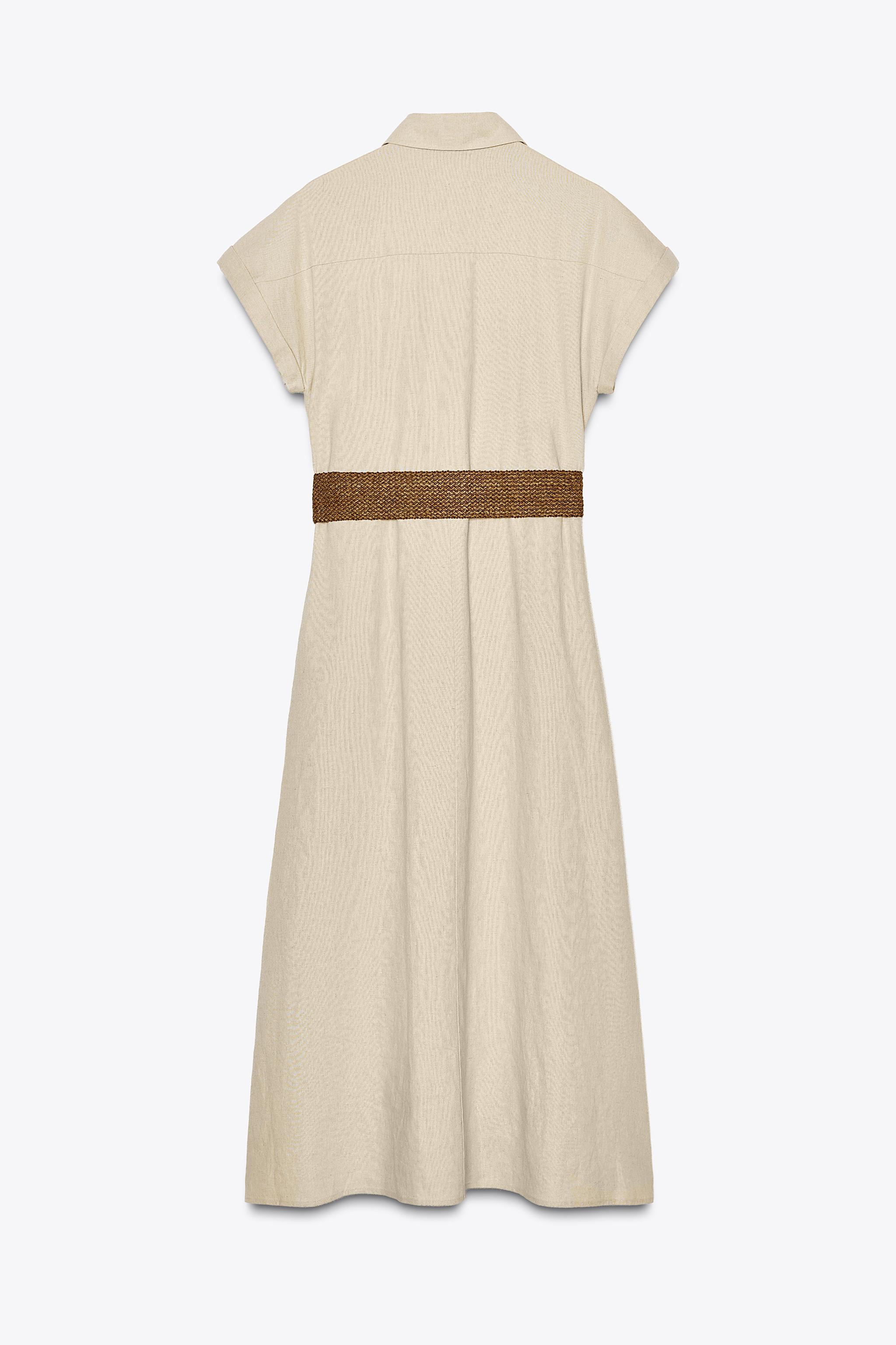 リネン ベルト付きミディ丈ワンピース - ライトベージュ | ZARA
