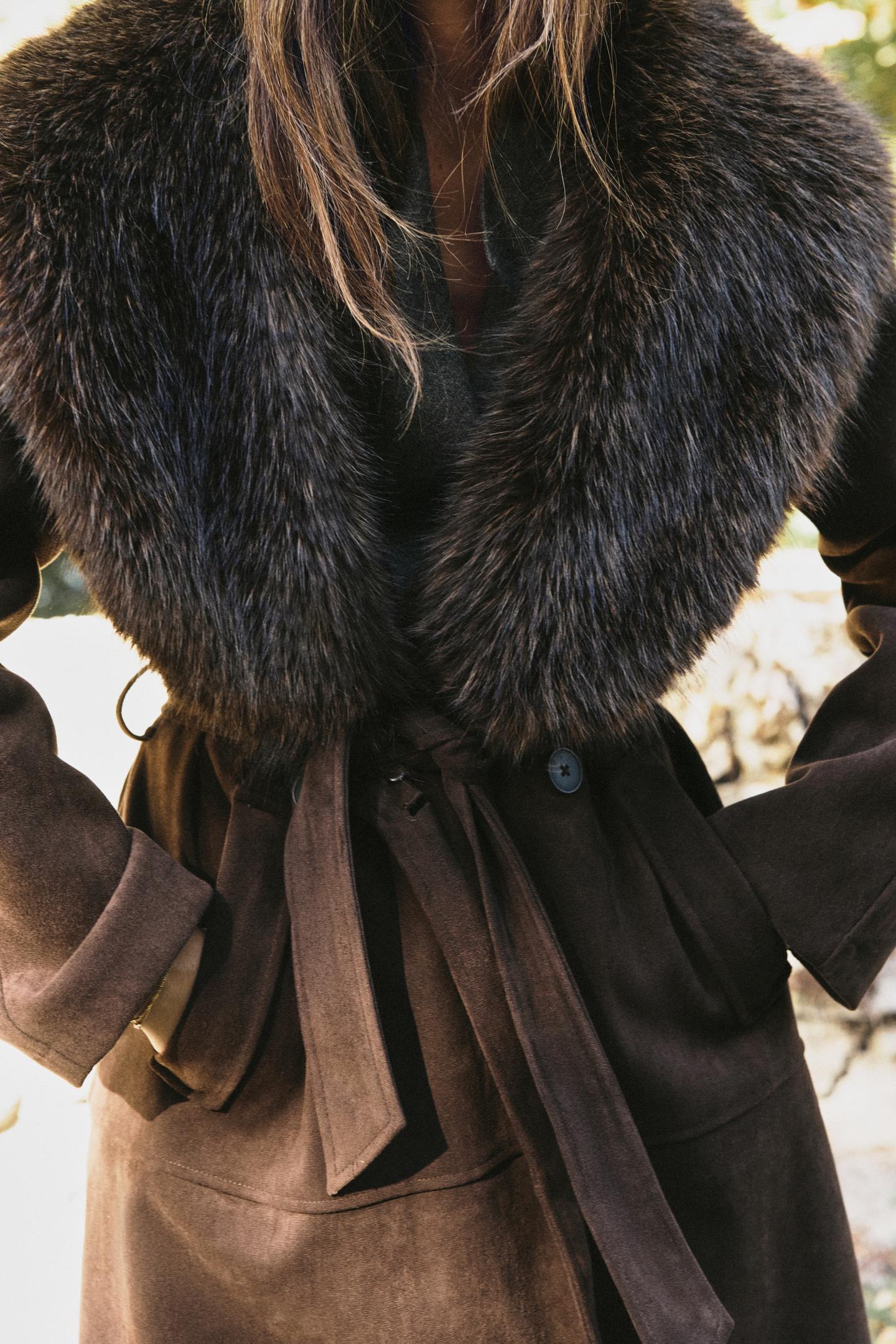 Женское пальто Zara Faux Fur Collar Belted, цвет: Коричневый — фото 7