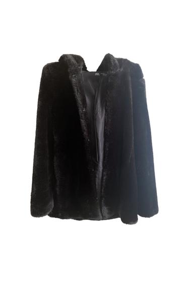 Front view of a black plush coat with a straight cut and front opening.