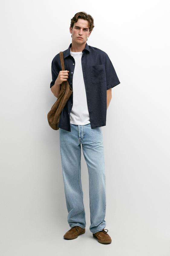 Zara 100% linen short sleeve shirt - Navy blue - Image 0