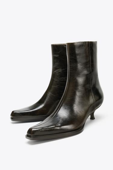 LEATHER KITTEN HEEL ANKLE BOOTS - Brown by Zara - Image 2
