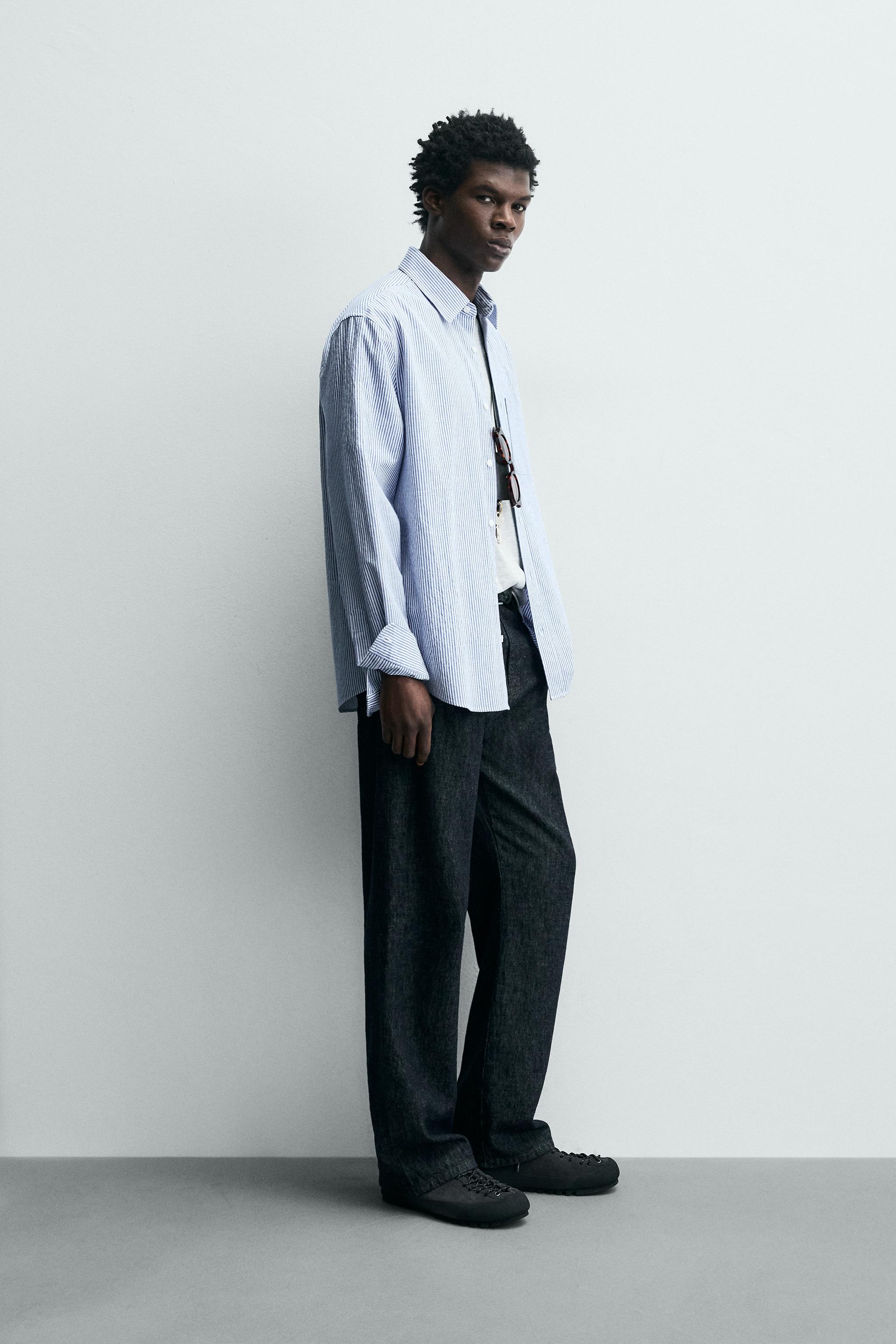 リンクル加工ストライプシャツ - 青色/白色 | ZARA Japan / 日本