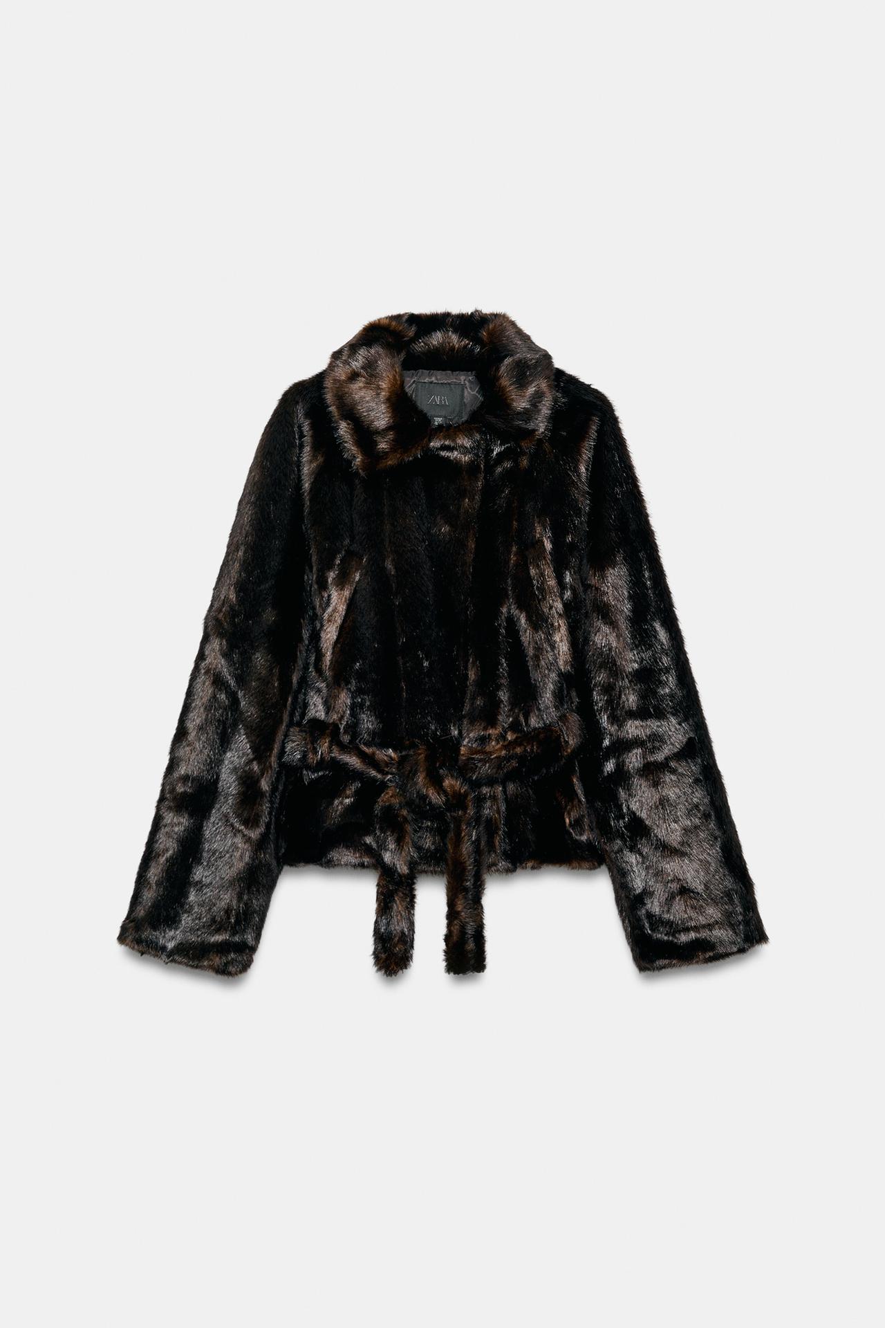 FAUX FUR BELTED COAT — Dark brown