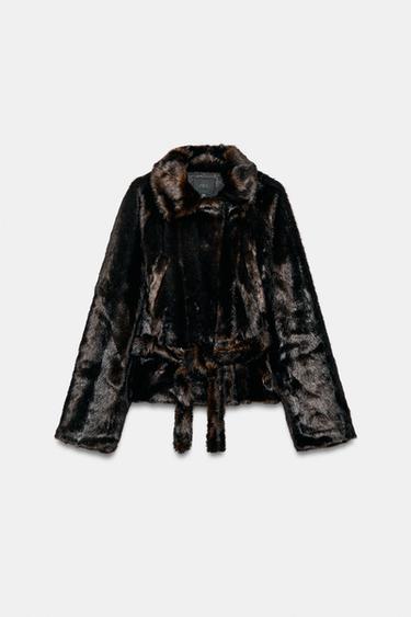 FAUX FUR BELTED COAT — Dark brown 1