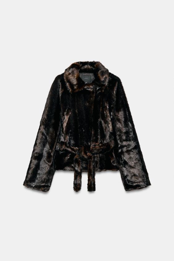 FAUX FUR BELTED COAT - Dark brown by Zara - Image 0