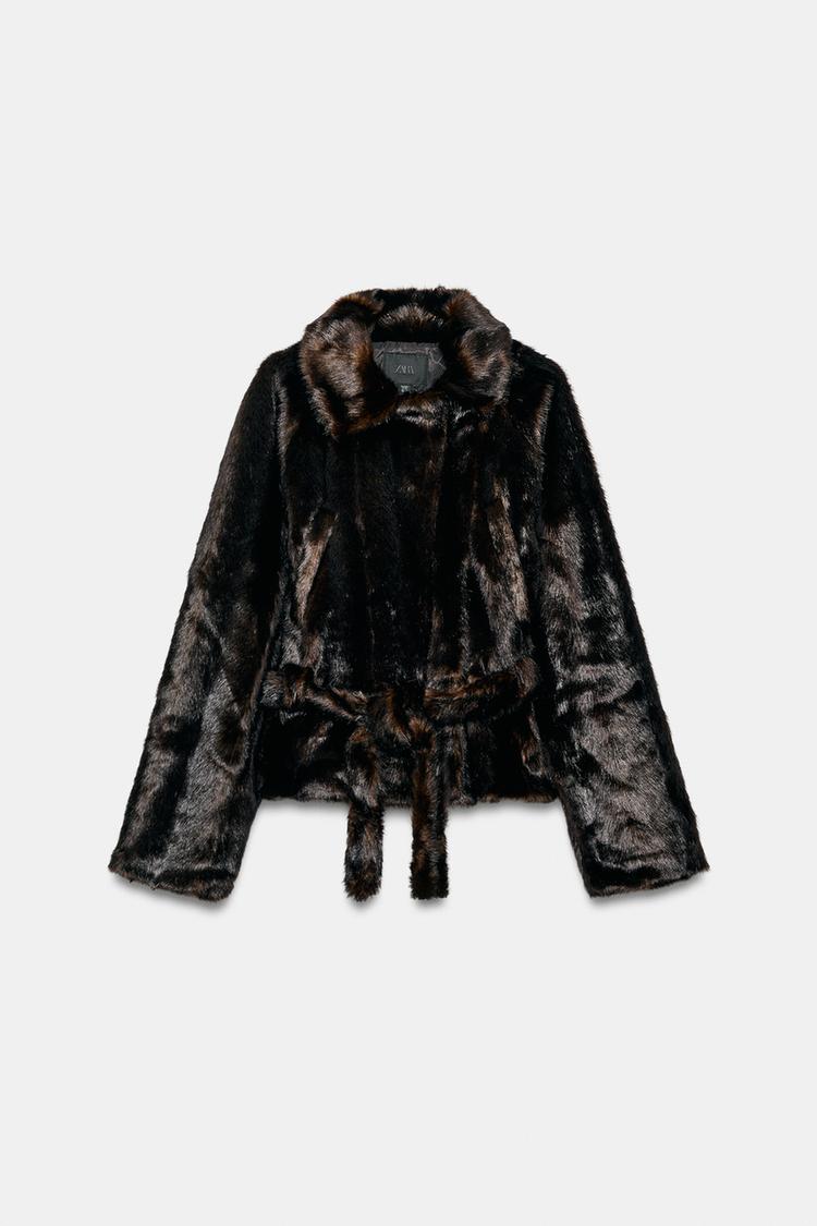 FAUX FUR BELTED COAT — Dark brown