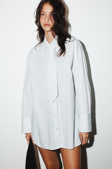 CAMISA DE POPELINA COM GRAVATA - Branco da Zara