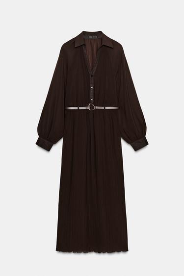 PLEATED MIDI DRESS WITH BELT - Brown by Zara