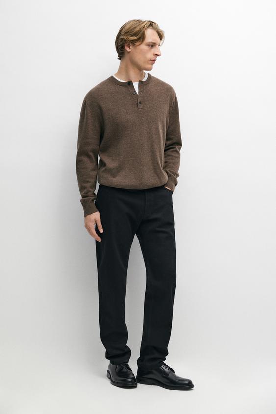 Zara Wool-blend knit henley neck sweater - Brown / White - Image 0