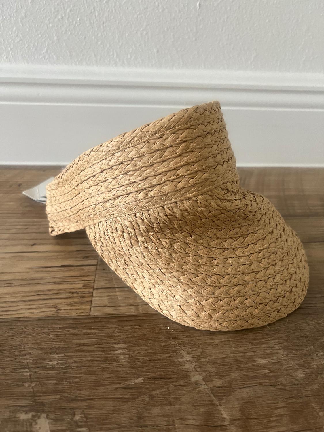 Woven straw hat on a wooden floor, with natural light highlighting its texture. White wall background.