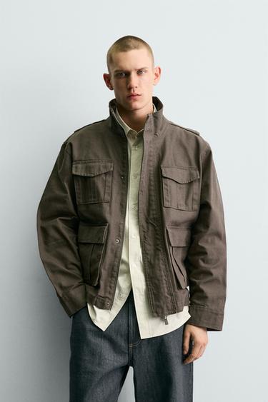 Zara BOXY FIT CANVAS COTTON JACKET - Dark khaki