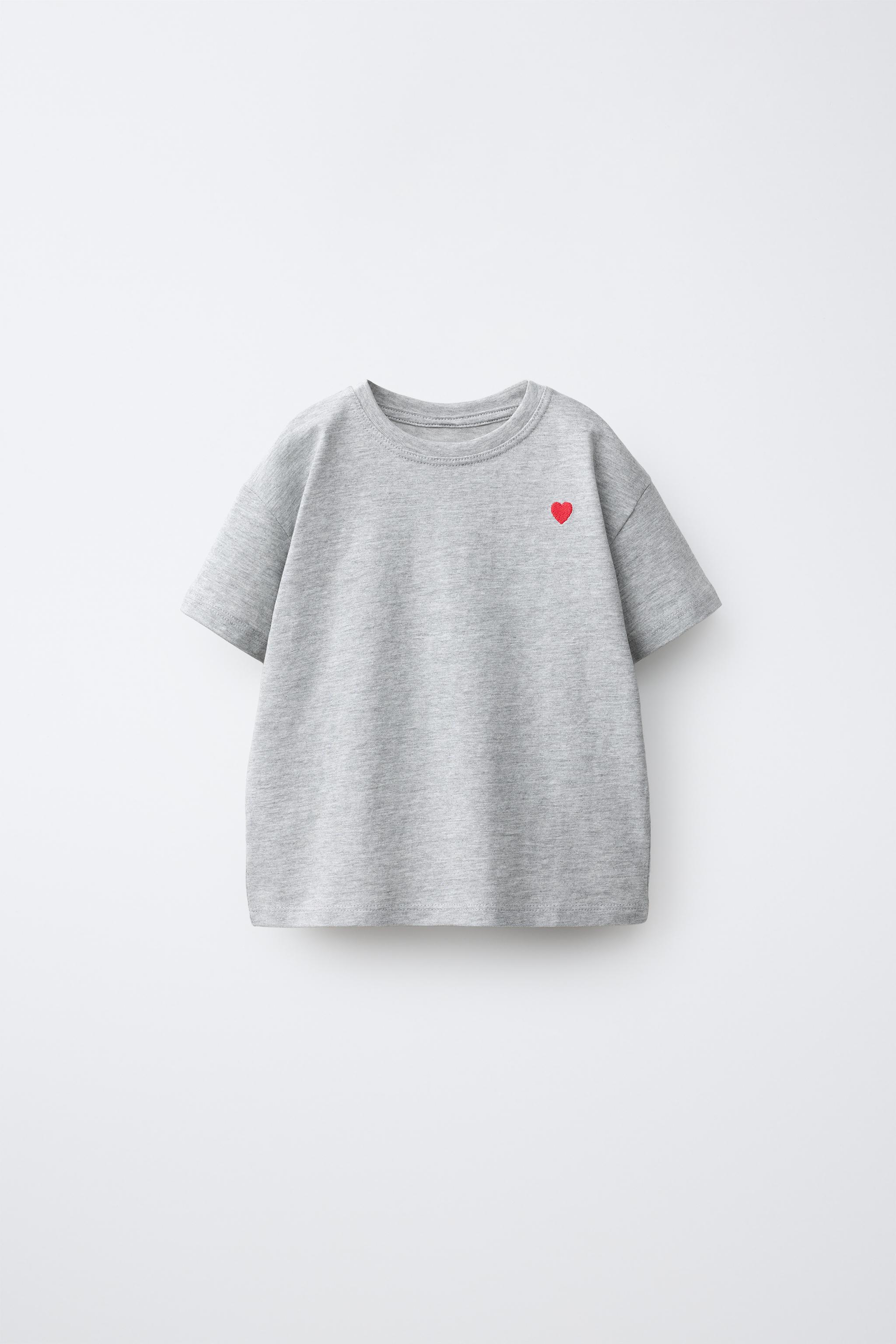 EMBROIDERED HEART PLAIN T-SHIRT — Gray marl