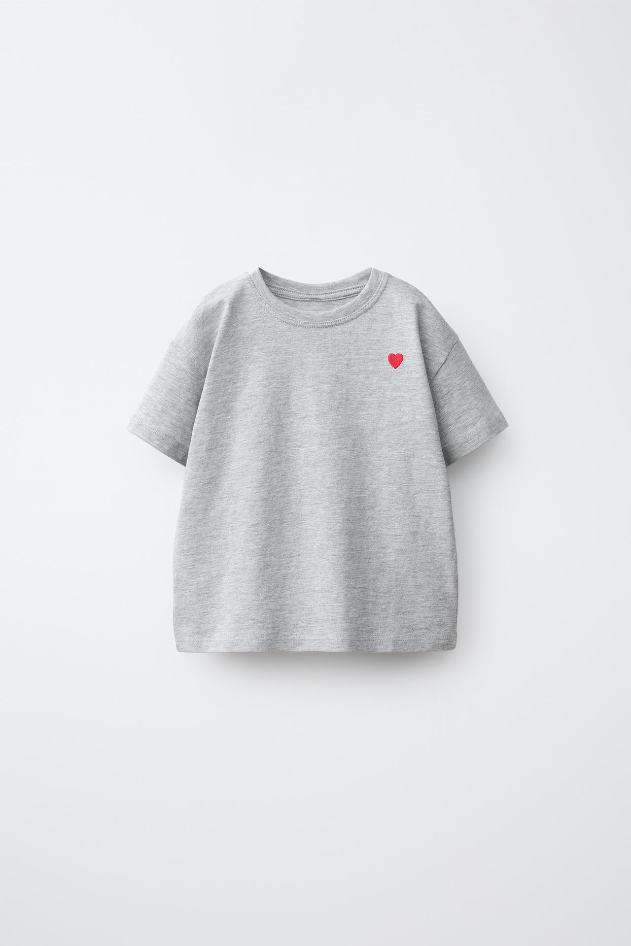 EMBROIDERED HEART PLAIN T-SHIRT — Gray marl