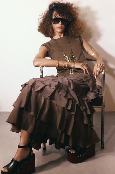 Zara ZW COLLECTION RUFFLED MIDI SKIRT - Brown / Taupe