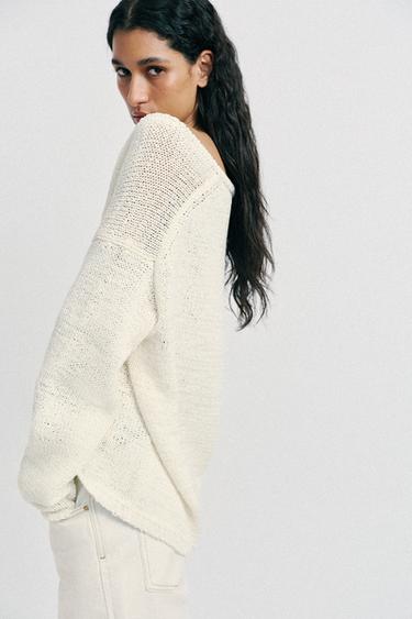 V-NECK KNIT JUMPER - Ecru by Zara - Image 3
