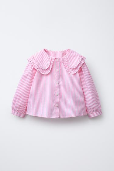 Zara STRIPED DOUBLE COLLAR SHIRT - Mid-pink