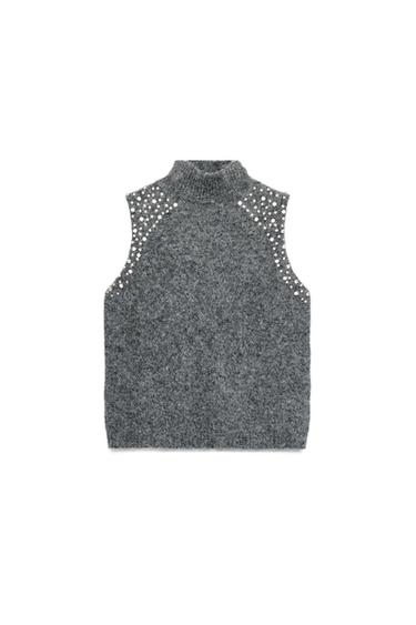 WOOL BLEND TOP WITH RHINESTONE BEADS - Anthracite grey by Zara - Image 0