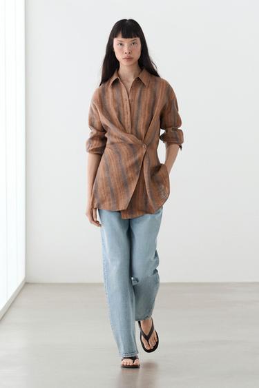 Zara 100% linen striped crossover shirt - Brown - Image 0