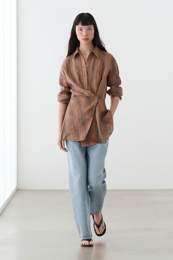 100% linen striped crossover shirt from Zara - $160