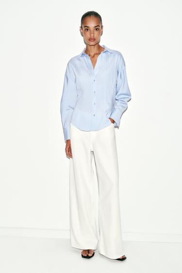 Zara FITTED STRIPED SHIRT - Sky blue