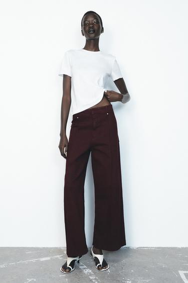 Zara ZW COLLECTION HIGH WAIST WIDE LEG JEANS - Burgundy