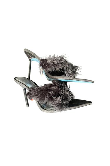 BLUE COLLECTION LEATHER HIGH HEEL MULES WITH FEATHERS