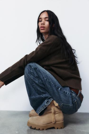 FLAT FAUX FUR SPLIT SUEDE ANKLE BOOTS - camel by Zara - Image 0