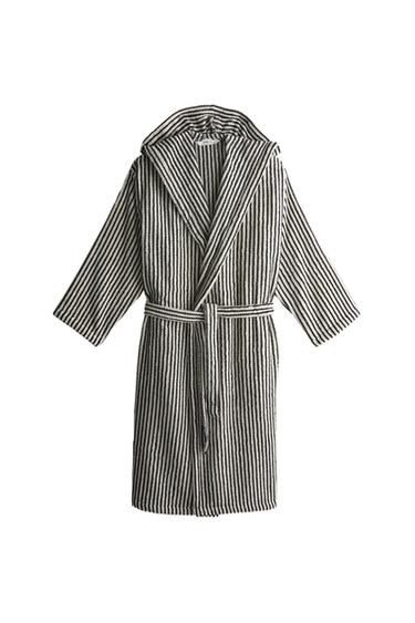 STRIPED BATHROBE WITH HOOD - Ecru / Black by Zara