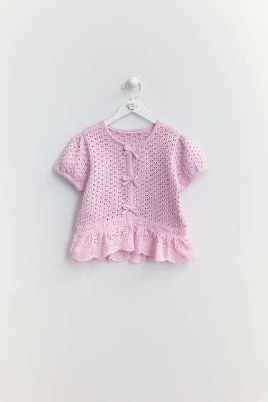Zara LACE TRIM BOW CARDIGAN - Pink / Lilac