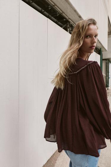 EMBROIDERED BLOUSE WITH BEADING - Aubergine by Zara - Image 3