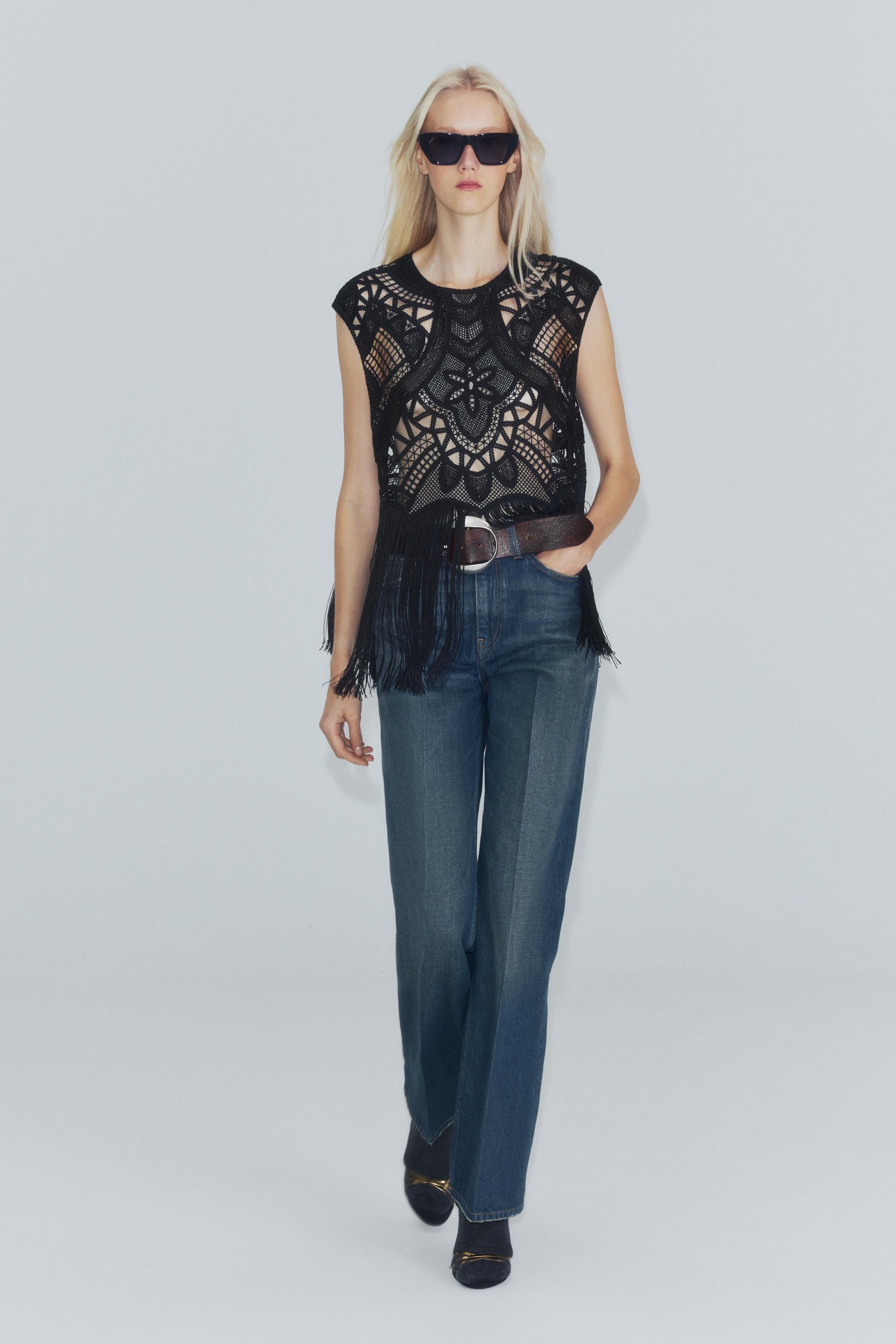ZW COLLECTION BEADED CROCHET TOP WITH FRINGE