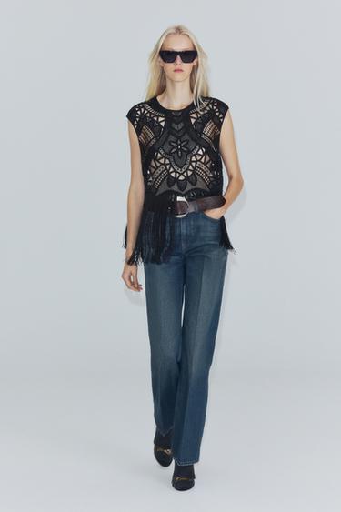 ZW COLLECTION BEADED CROCHET TOP WITH FRINGE — Black 2