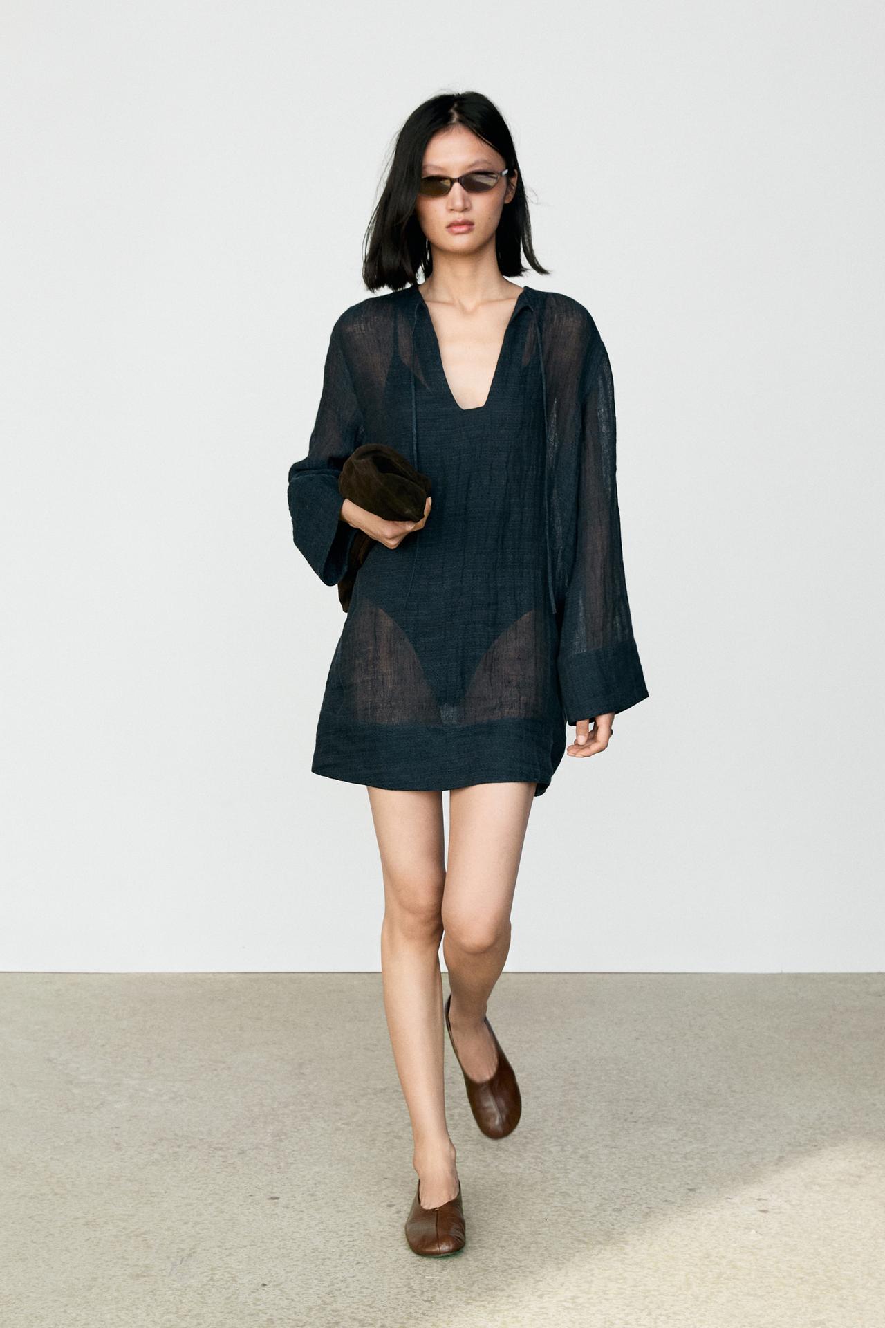 100% linen flowy mini dress — Blue
