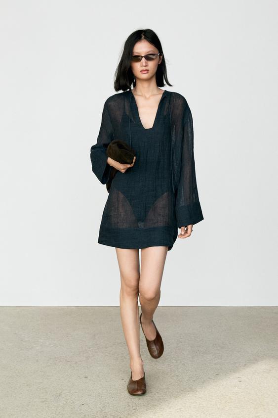 blue linen dress zara 100% flowy mini - Patentni zatvarač skriven u Color:_Sail Blue zara blue short dress black lace bridal gown Sheer Beaded Gown with