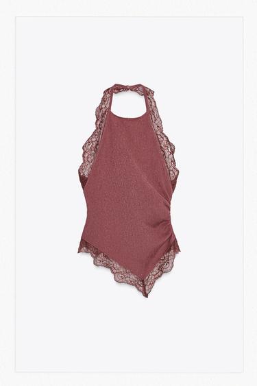 TOP HALTER TEXTURÉ DENTELLE - Rose foncé de Zara