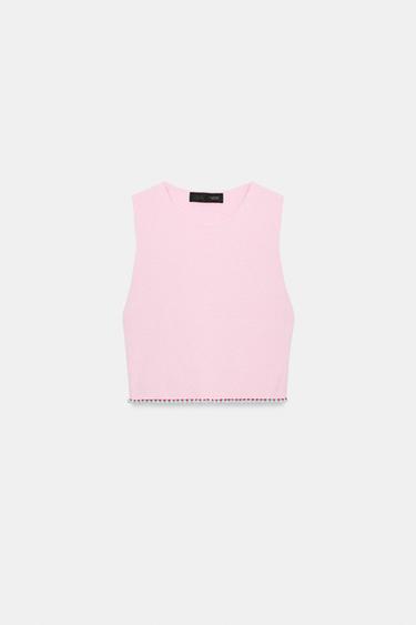 KURZES STRICKTOP MIT PERLEN - Pastellrosa von Zara